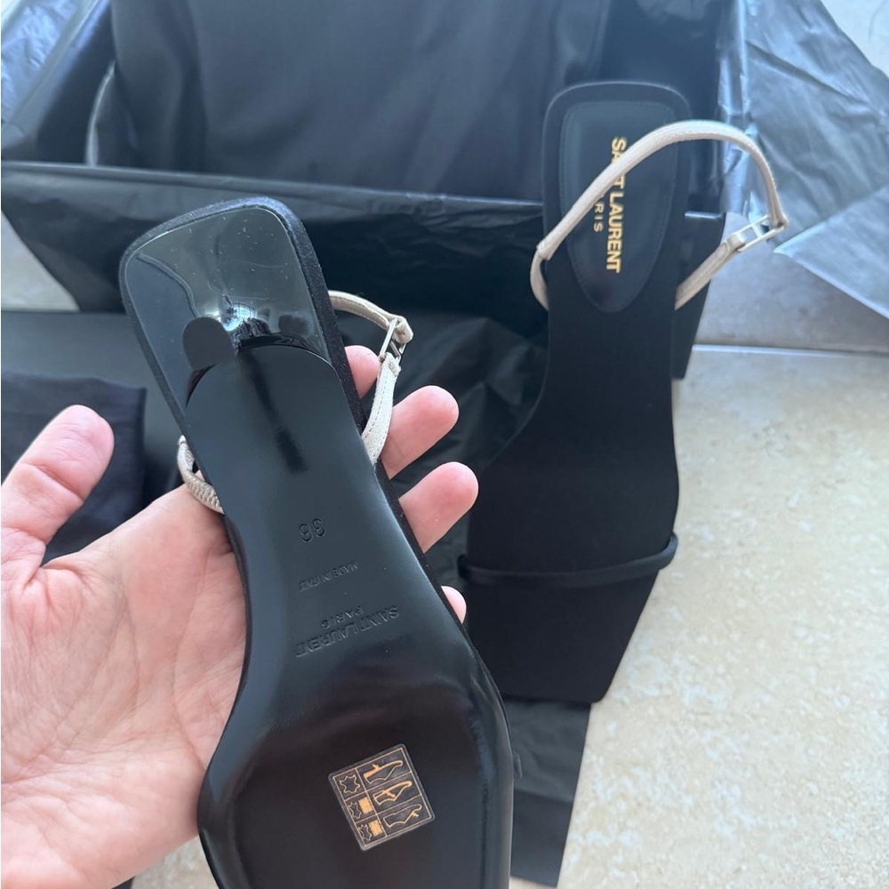 Saint Laurent Black and Cream Slingback Heels - Picture 6 of 7